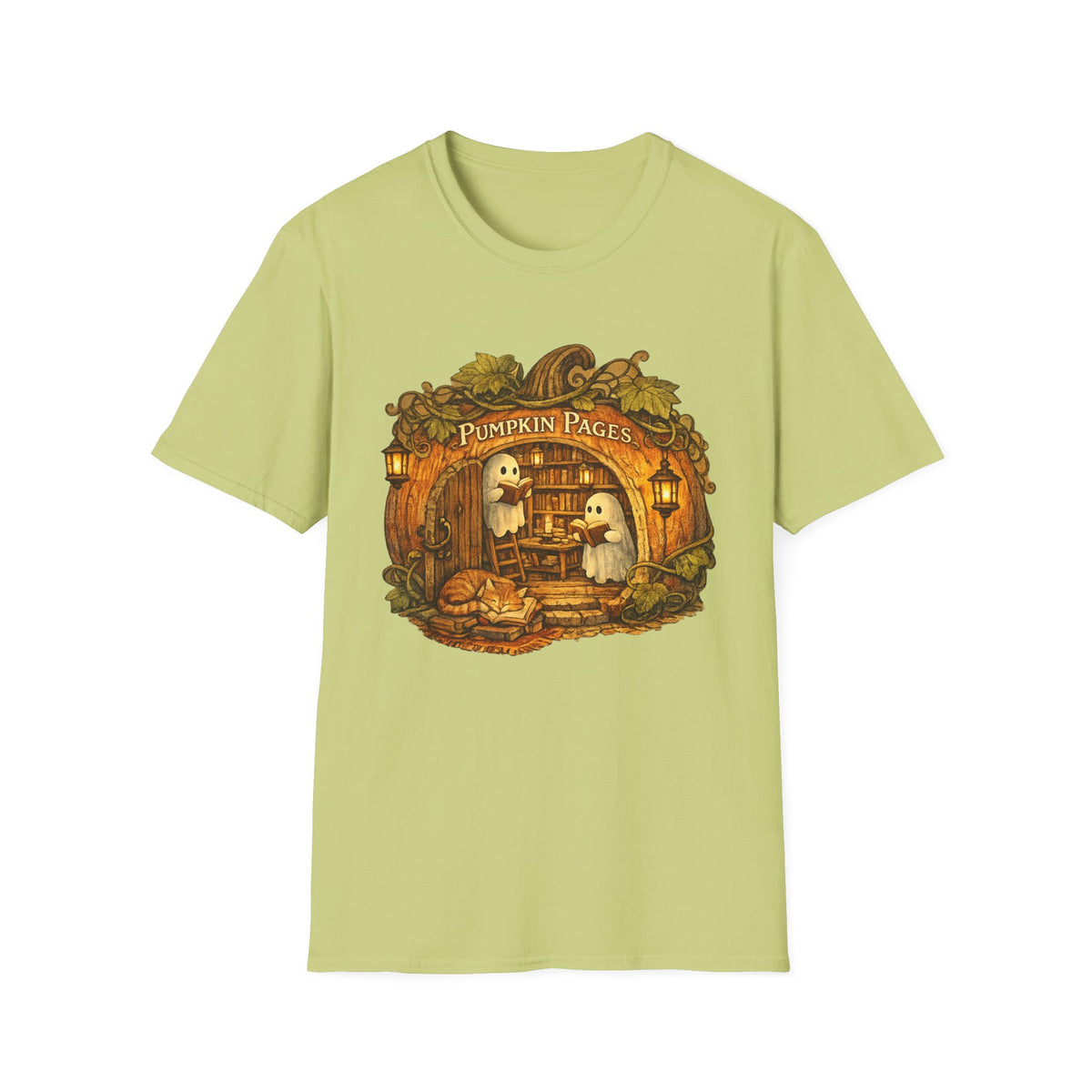Pumpkin Pages Halloween T‑Shirt — Cute Ghosts Reading in Pumpkin Library