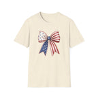 Patriotic American Flag Bow Tee, USA Pride Graphic Shirt, Fourth of July Outfit, Cute Red White Blue Bow Top