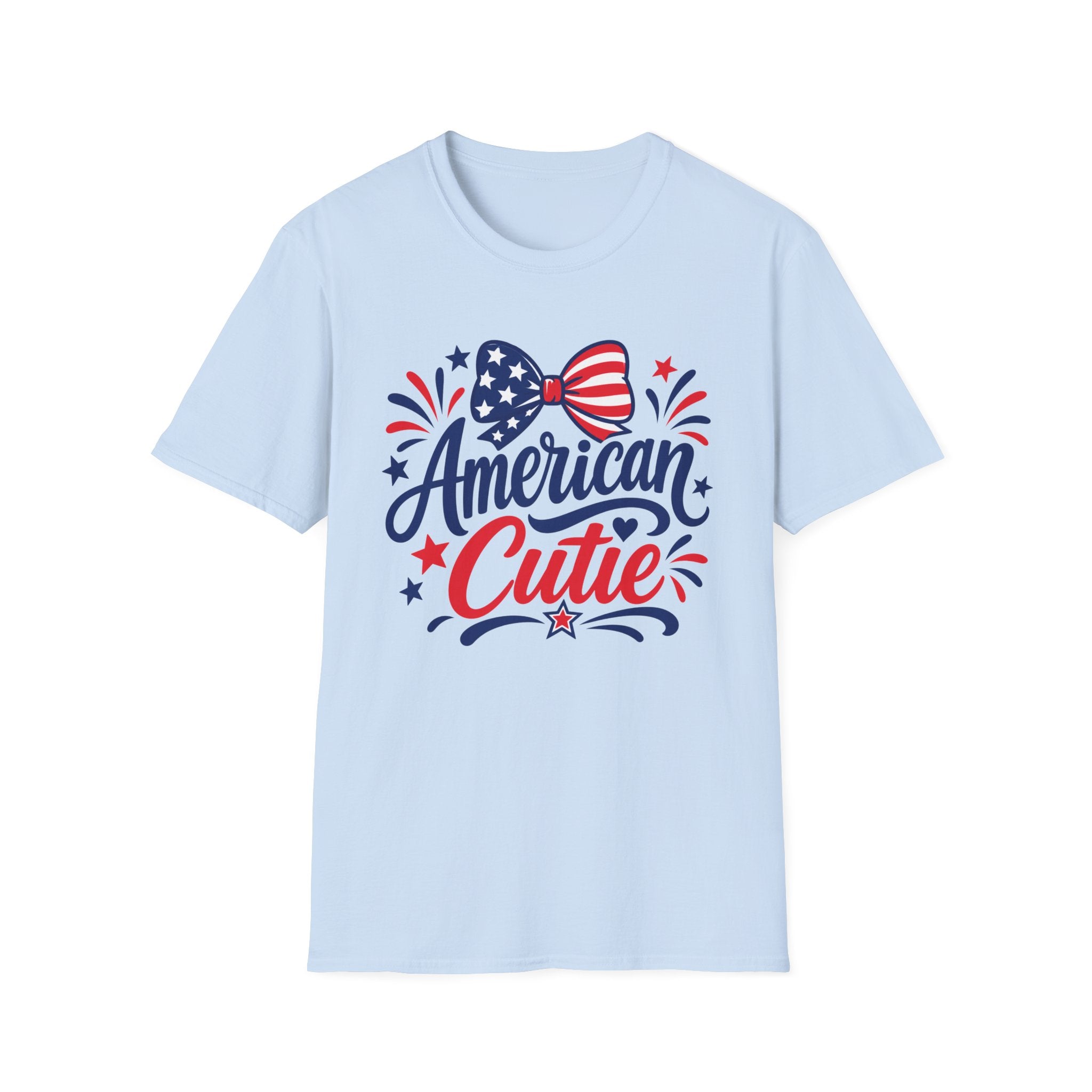 American Cutie Patriotic Bow Tee, Red White Blue Fireworks Shirt, Cute USA Fourth of July Outfit, Festive American Graphic Top T-Shirt