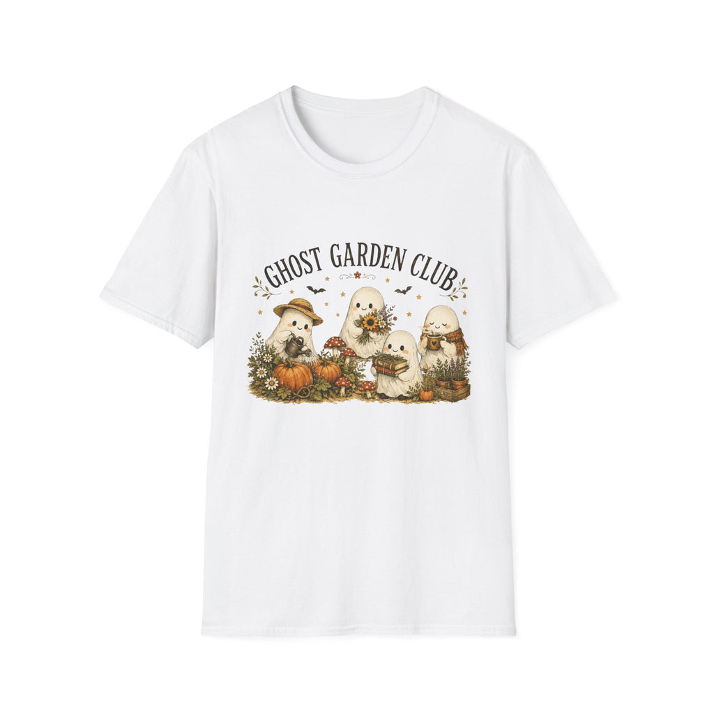 Ghost Garden Club T-Shirt — Cute Autumn Halloween Ghosts with Pumpkins & Flowers