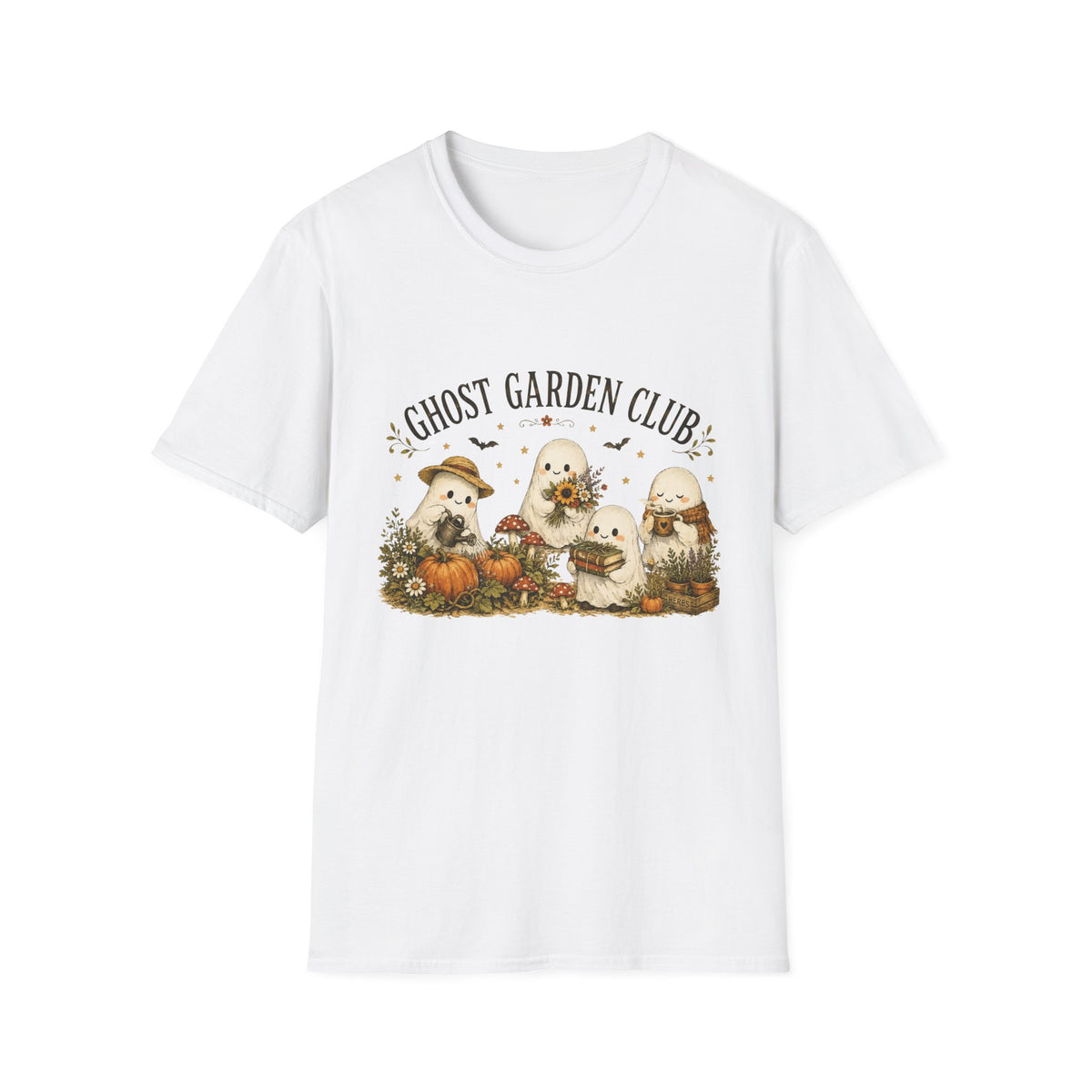 Ghost Garden Club T-Shirt — Cute Autumn Halloween Ghosts with Pumpkins & Flowers