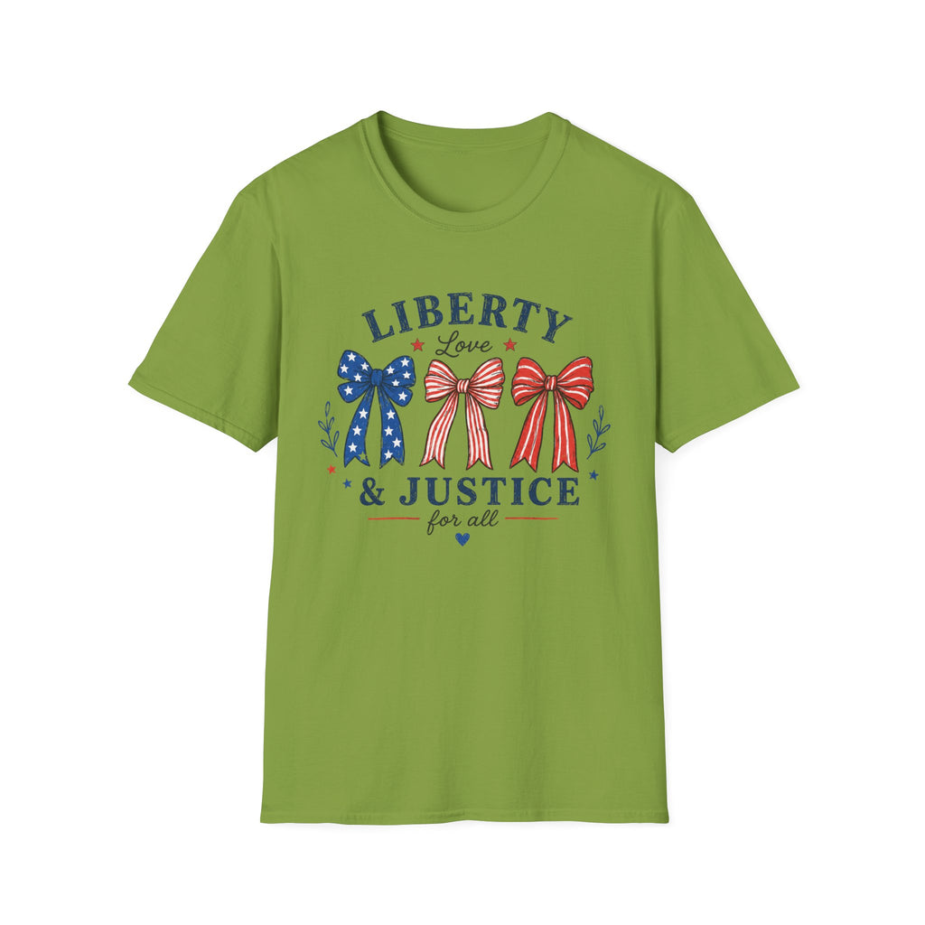 Liberty Love Justice Tee, Patriotic Bows USA Shirt, Red White Blue Graphic Top, American Pride Fourth of July Outfit T-Shirt