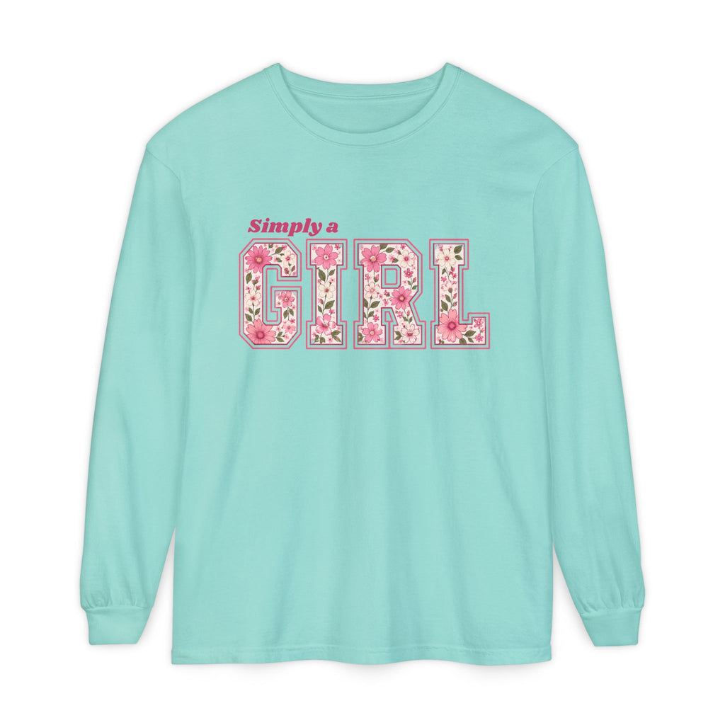 Simply a GIRL Floral Feminine Pink Flower Typography Long Sleeve T-shirt