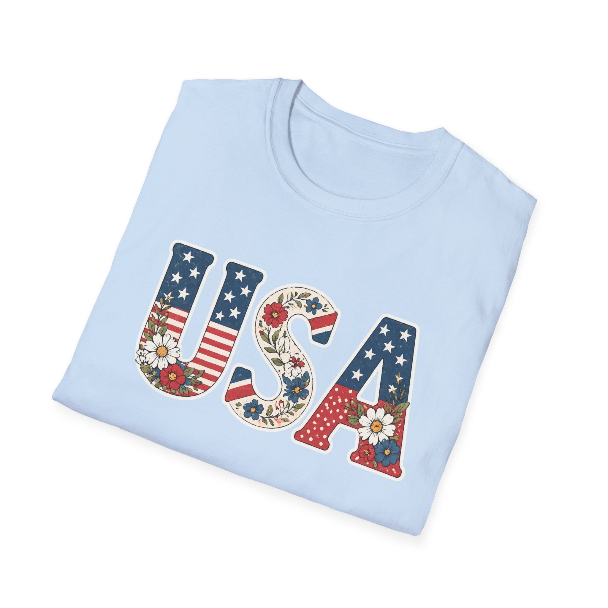 USA Patriotic Floral T-Shirt | American Flag Block Lettering Graphic Tee, Fourth Of July Vintage Cottagecore Top