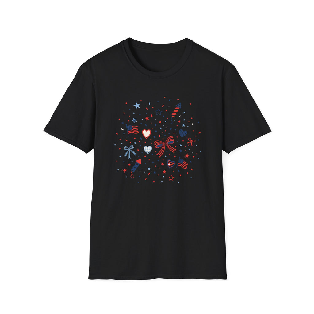 Patriotic Doodle Collage T-Shirt, Cute 4th of July Bow Heart Flag Confetti Tee, Whimsical Festive America Shirt, Coquette Patriotic Icon Scatter Gift
