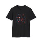 Patriotic Doodle Collage T-Shirt, Cute 4th of July Bow Heart Flag Confetti Tee, Whimsical Festive America Shirt, Coquette Patriotic Icon Scatter Gift