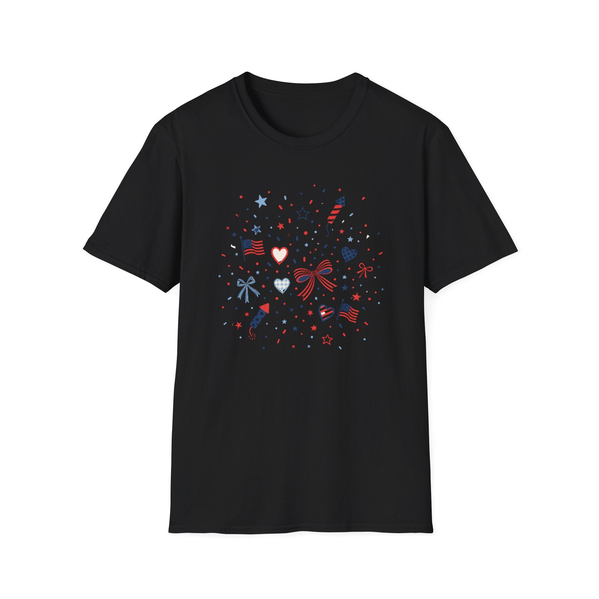 Patriotic Doodle Collage T-Shirt, Cute 4th of July Bow Heart Flag Confetti Tee, Whimsical Festive America Shirt, Coquette Patriotic Icon Scatter Gift