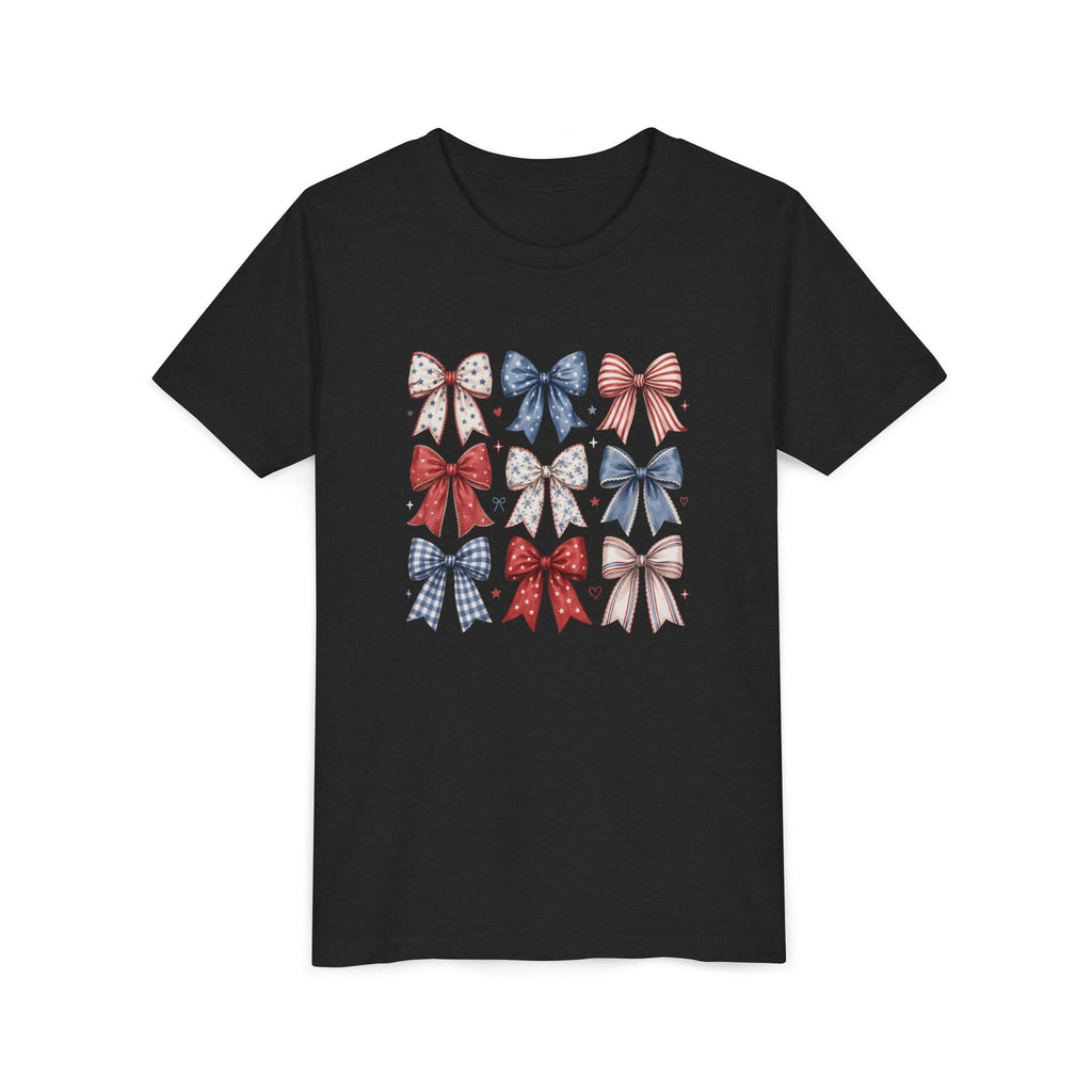 Patriotic Bow Grid Tee, Red Blue Checkered Ribbon Shirt, Cute USA Graphic Top, Fourth of July Celebration Outfit Youth Short Sleeve Tee
