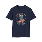 USA Honky Tonk T-Shirt, Patriotic Cowboy Boot Coquette Bow Tee, Country Western 4th of July Shirt, Star Cowgirl Boot America Gift Women, Country Patriotic Concert Tee