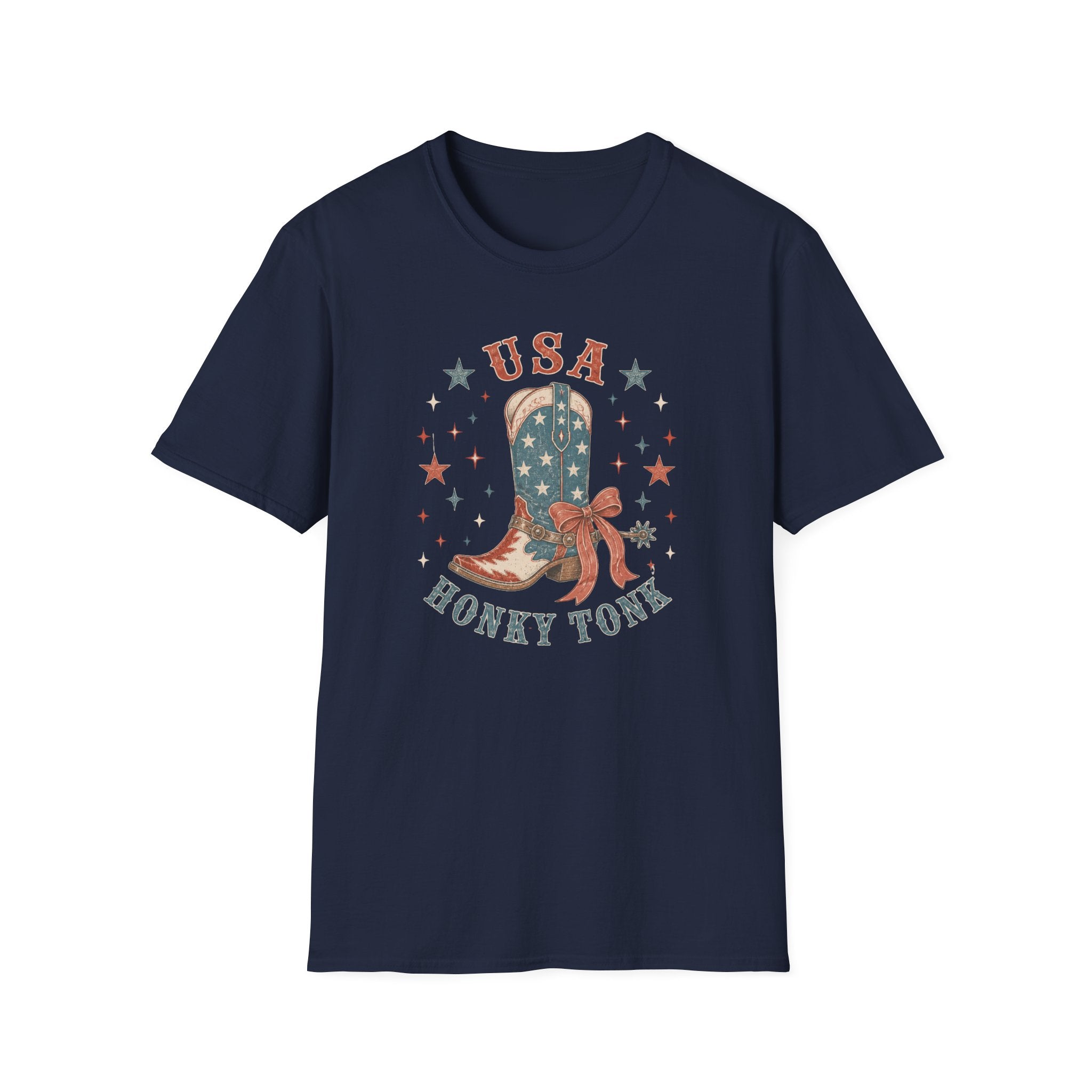 USA Honky Tonk T-Shirt, Patriotic Cowboy Boot Coquette Bow Tee, Country Western 4th of July Shirt, Star Cowgirl Boot America Gift Women, Country Patriotic Concert Tee