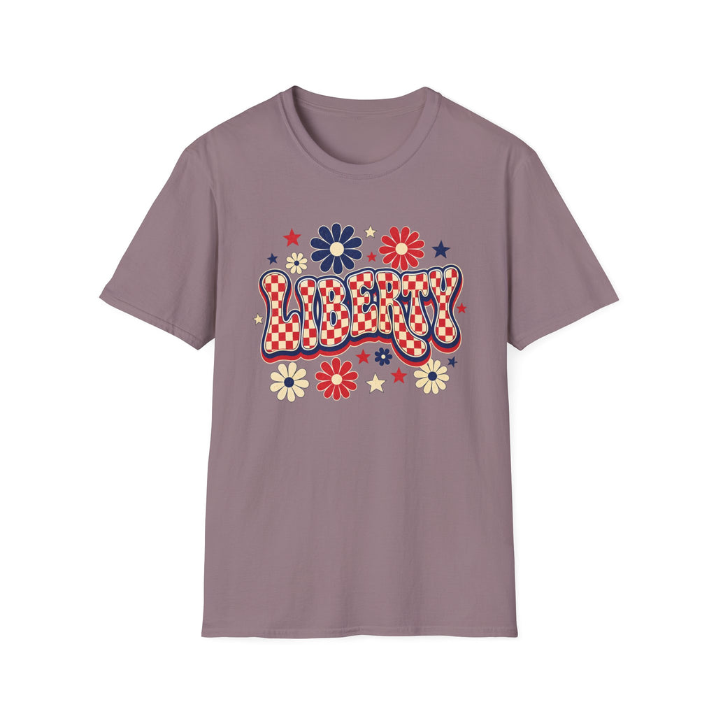Liberty Retro USA Tee, Vintage Red White Blue Shirt, Patriotic Floral Graphic Top, Fourth of July Celebration Outfit Unisex Softstyle T-Shirt