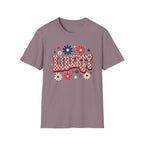 Liberty Retro USA Tee, Vintage Red White Blue Shirt, Patriotic Floral Graphic Top, Fourth of July Celebration Outfit Unisex Softstyle T-Shirt