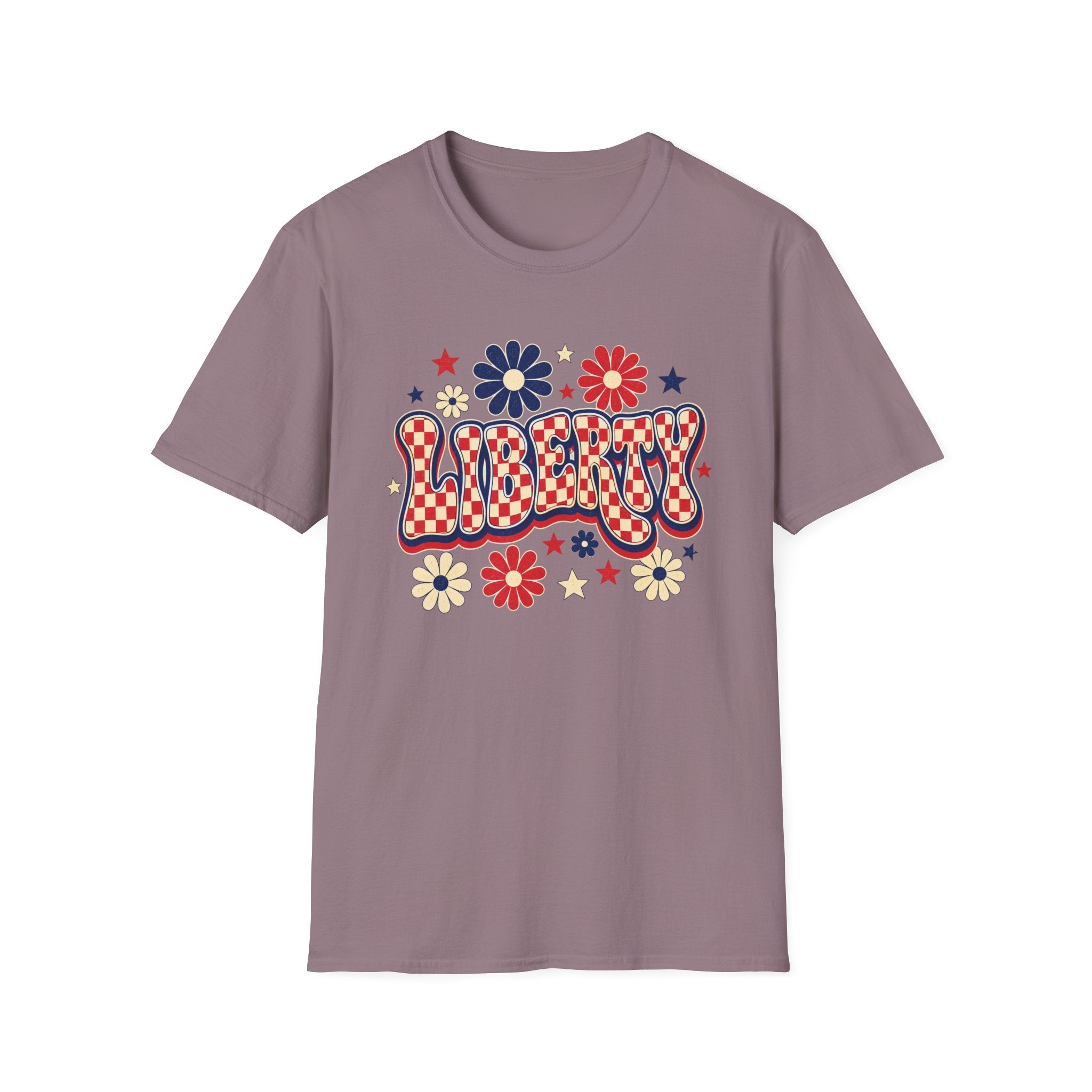 Liberty Retro USA Tee, Vintage Red White Blue Shirt, Patriotic Floral Graphic Top, Fourth of July Celebration Outfit Unisex Softstyle T-Shirt