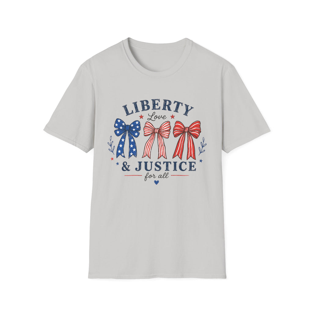 Liberty Love Justice Tee, Patriotic Bows USA Shirt, Red White Blue Graphic Top, American Pride Fourth of July Outfit T-Shirt