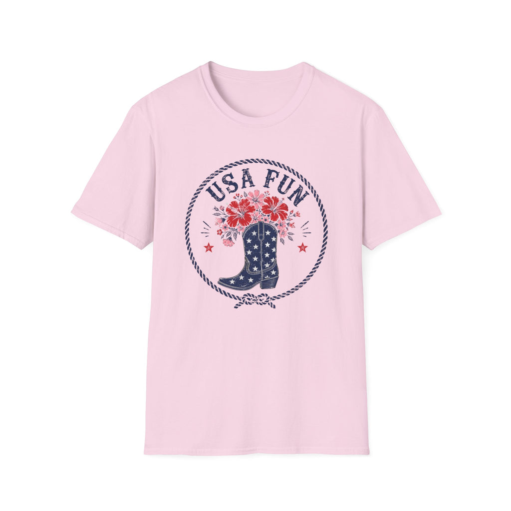 USA Fun Floral Cowboy Boot T-Shirt, Western Patriotic Hibiscus Boot Tee, Country 4th of July Rope Circle Shirt, Star Boot Wildflower America Gift