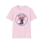 USA Fun Floral Cowboy Boot T-Shirt, Western Patriotic Hibiscus Boot Tee, Country 4th of July Rope Circle Shirt, Star Boot Wildflower America Gift