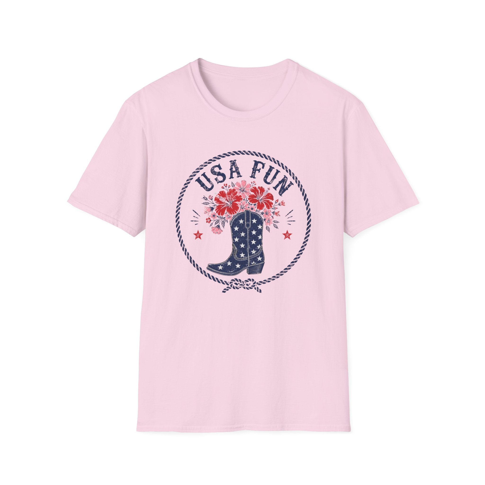USA Fun Floral Cowboy Boot T-Shirt, Western Patriotic Hibiscus Boot Tee, Country 4th of July Rope Circle Shirt, Star Boot Wildflower America Gift