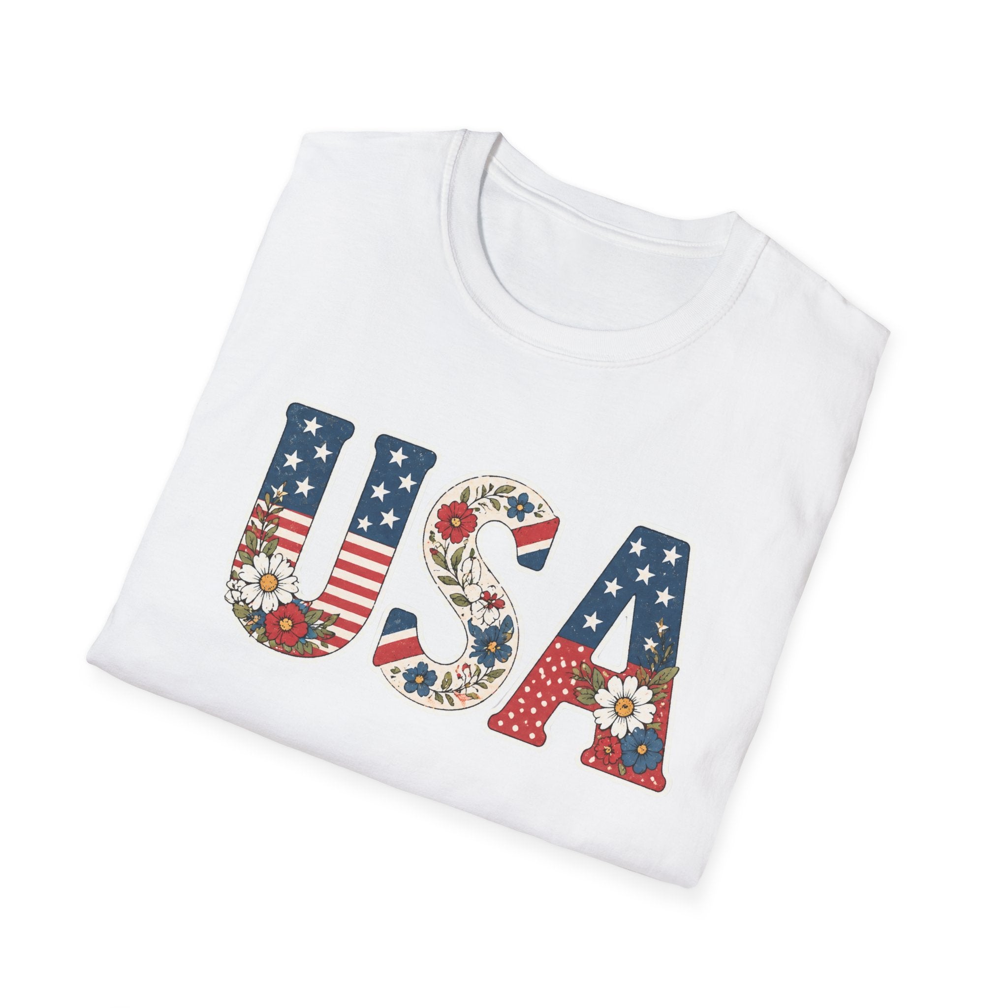 USA Patriotic Floral T-Shirt | American Flag Block Lettering Graphic Tee, Fourth Of July Vintage Cottagecore Top