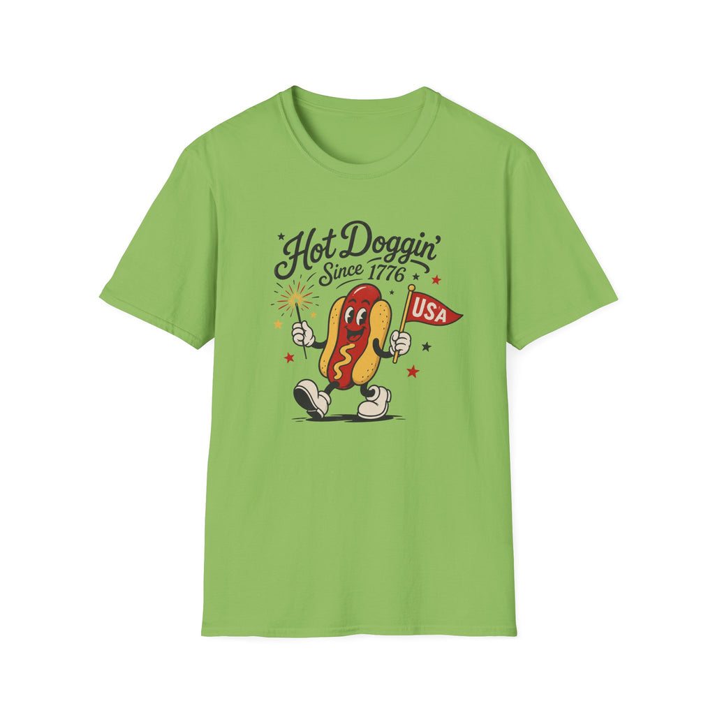 Hot Doggin Since 1776 Tee, Patriotic USA Hot Dog Shirt, Fun Red White Blue Graphic Top, Fourth of July Celebration Outfit Unisex Softstyle T-Shirt