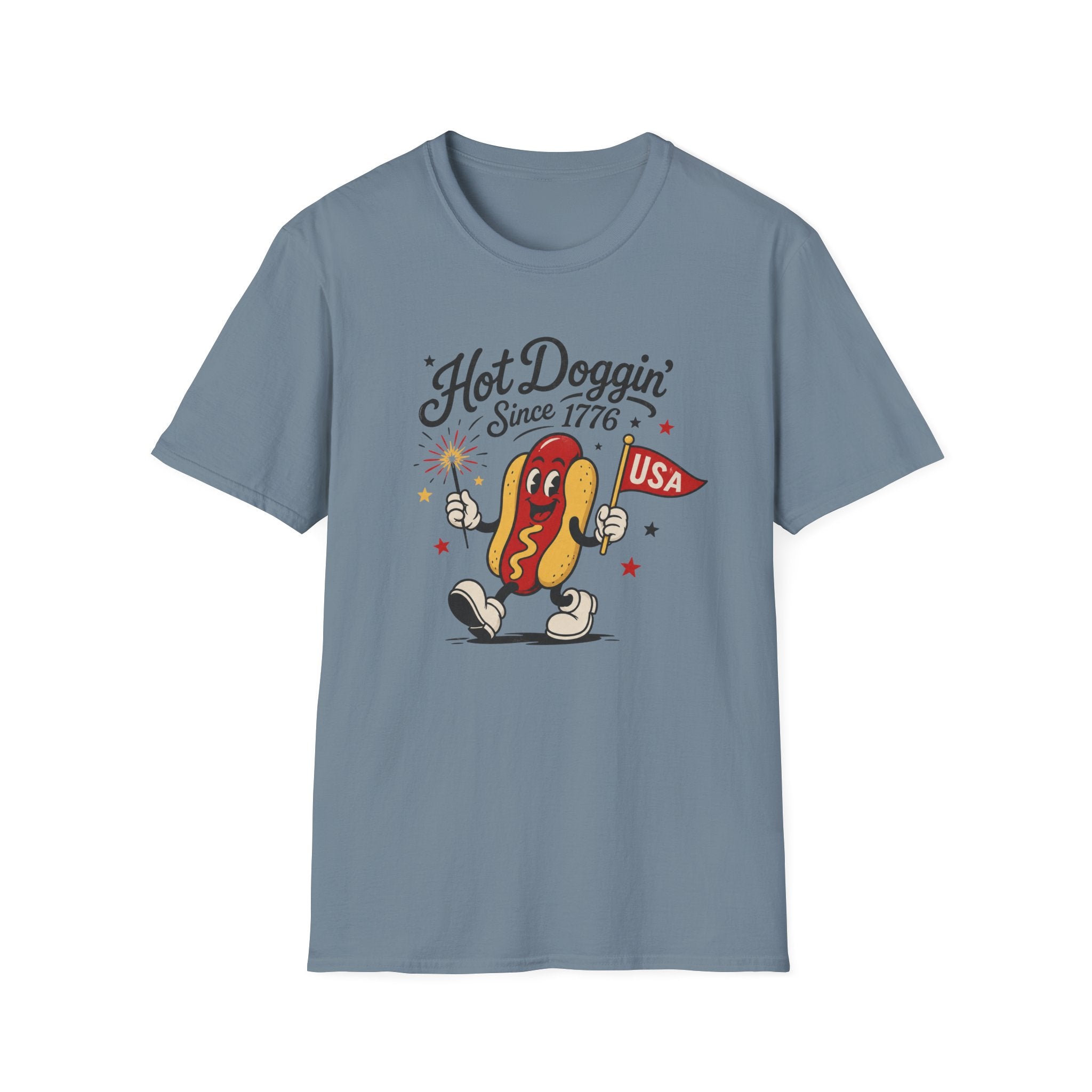 Hot Doggin Since 1776 Tee, Patriotic USA Hot Dog Shirt, Fun Red White Blue Graphic Top, Fourth of July Celebration Outfit Unisex Softstyle T-Shirt
