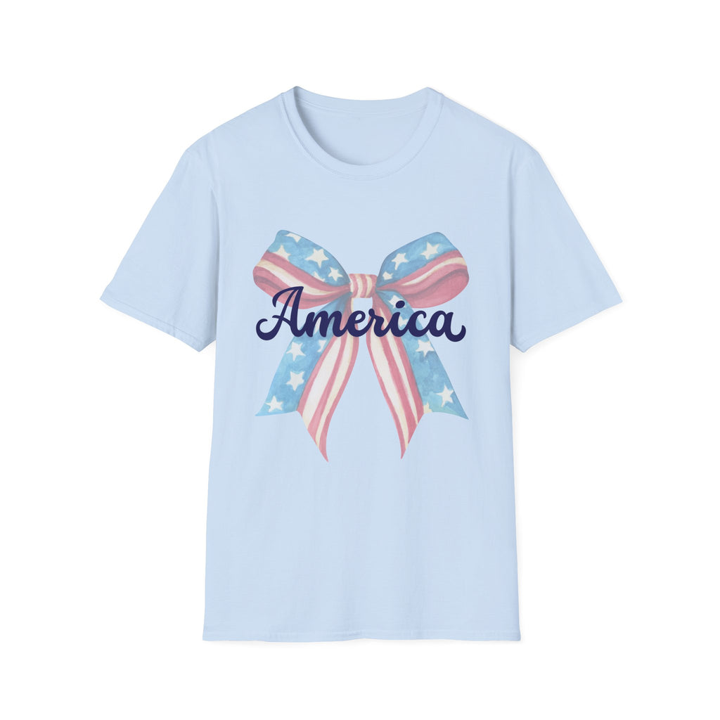 America Bow Patriotic T-Shirt, Coquette Fourth of July Graphic Tee, Vintage Americana Ribbon Shirt, Cute USA Holiday Apparel, Soft Girl Patriotic Outfit
