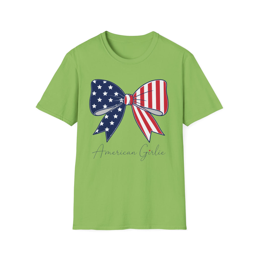 American Girl T-Shirt, Coquette Patriotic Flag Bow Tee, 4th of July Shirt, USA Stars Stripes Bow Script Gift, Cute Independence Day Tee