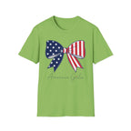 American Girl T-Shirt, Coquette Patriotic Flag Bow Tee, 4th of July Shirt, USA Stars Stripes Bow Script Gift, Cute Independence Day Tee