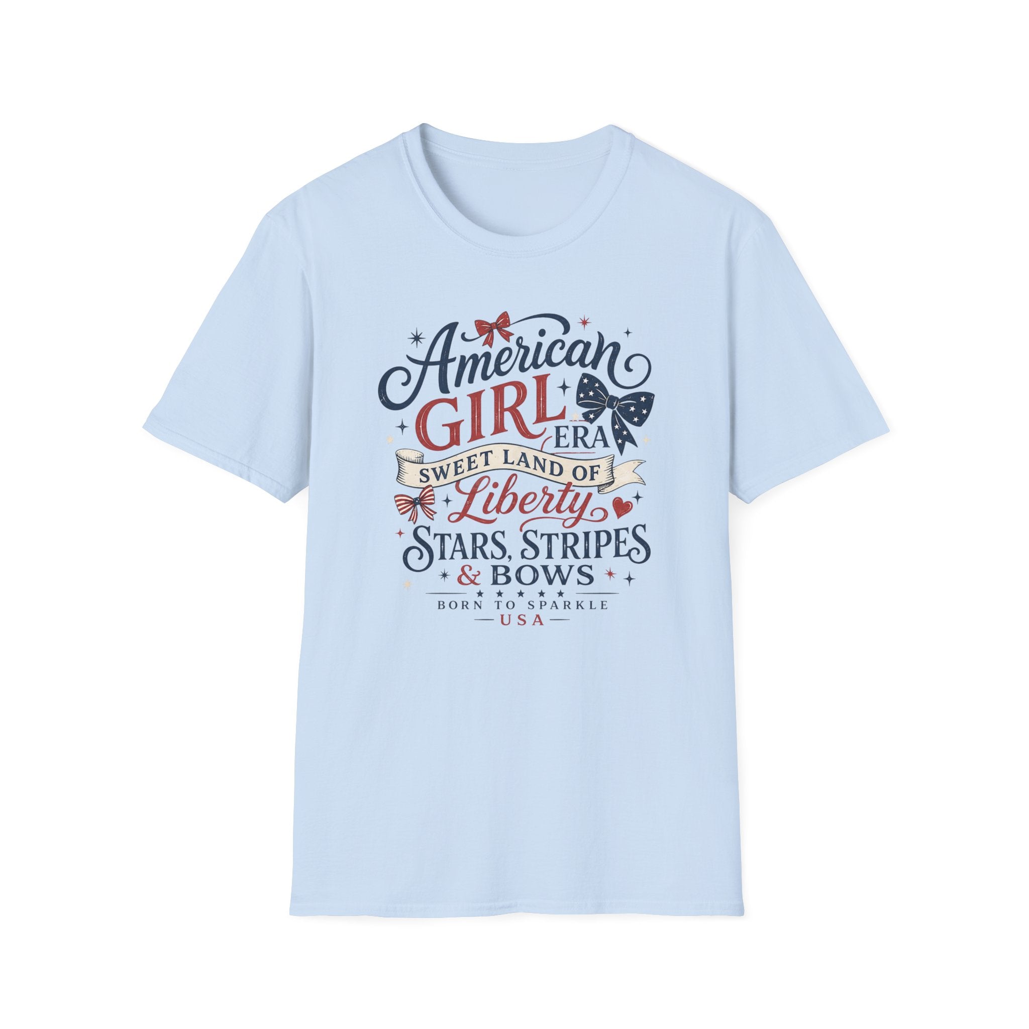 American Girl Era Tee, Sweet Land of Liberty Shirt, Stars Stripes Bows Graphic Top, USA Born Raised Patriotic Outfit T-Shirt