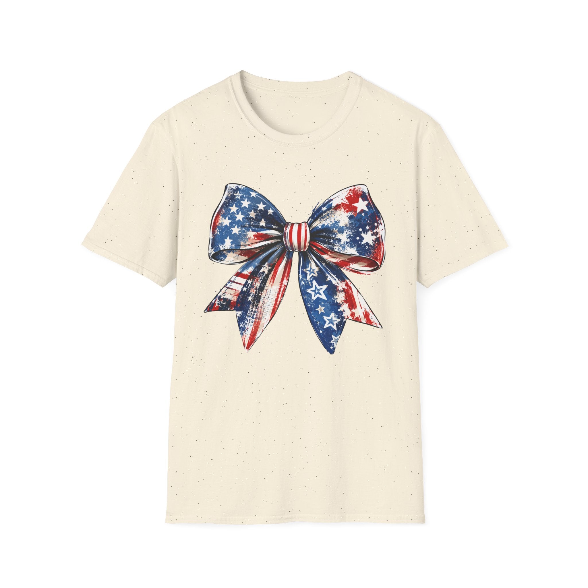 Distressed Watercolor Patriotic Bow T-Shirt, Vintage Grunge American Flag Bow Tee, Worn Texture Coquette 4th of July Shirt, Brushstroke Stars Stripes Bow Gift