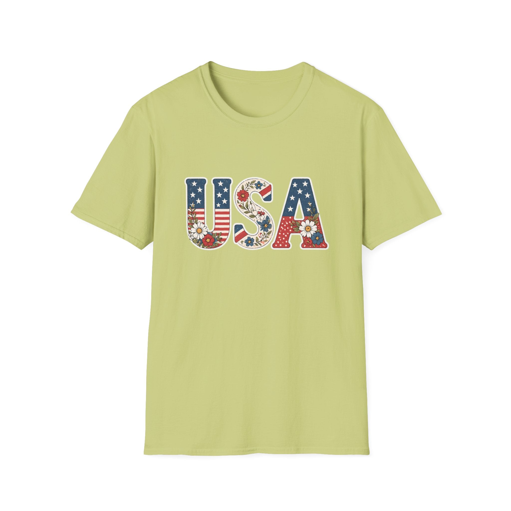 Floral USA T-Shirt, Cottagecore Patriotic Flower Letter Tee, 4th of July Wildflower America Shirt, Stars Stripes Daisy Poppy Gift, Vintage Botanical