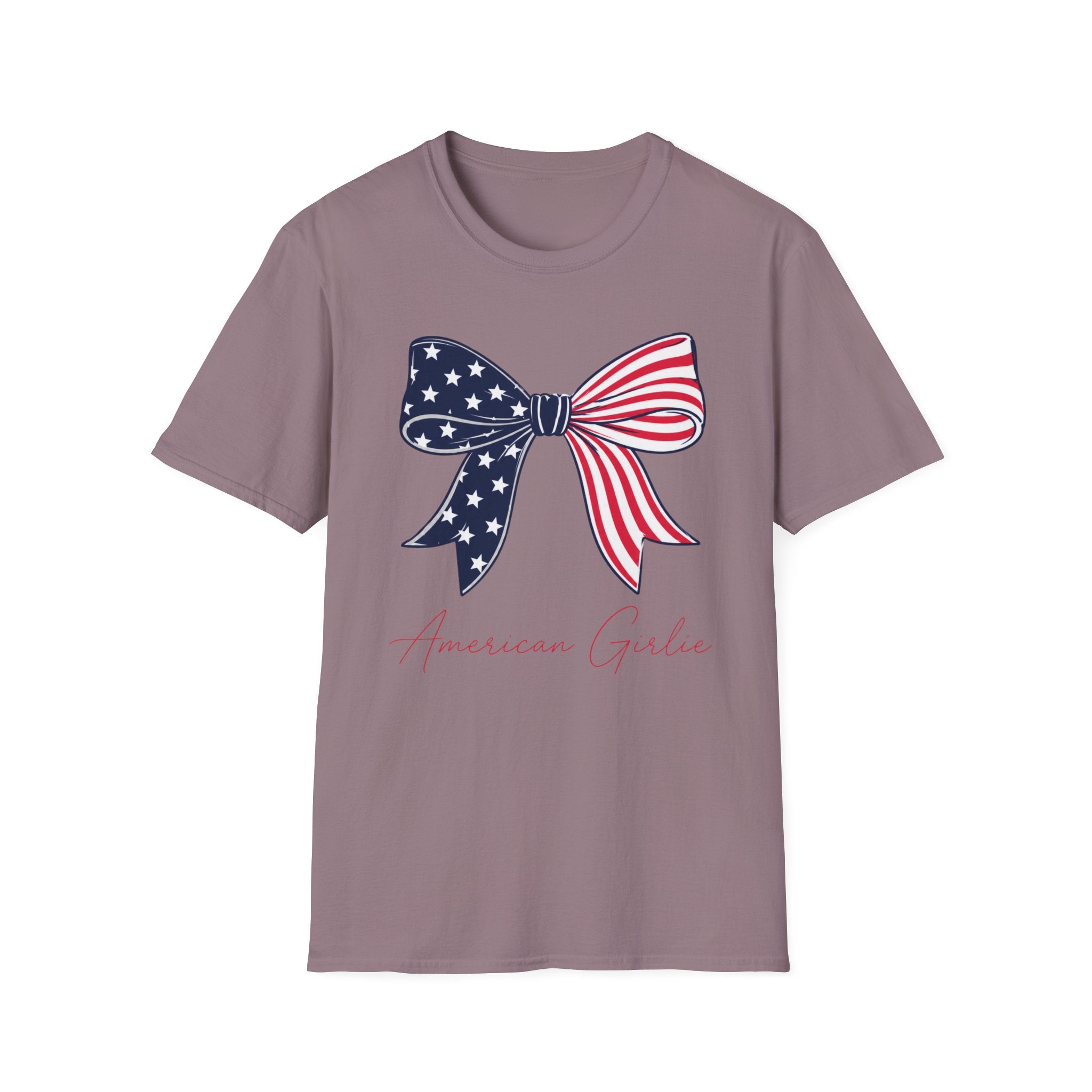 American Girlie Bow Shirt, Clean Split Flag Coquette Tee, Navy Stars Red Stripes Bow 4th of July Women Girls, Bold Graphic Patriotic Script Gift Independence Day