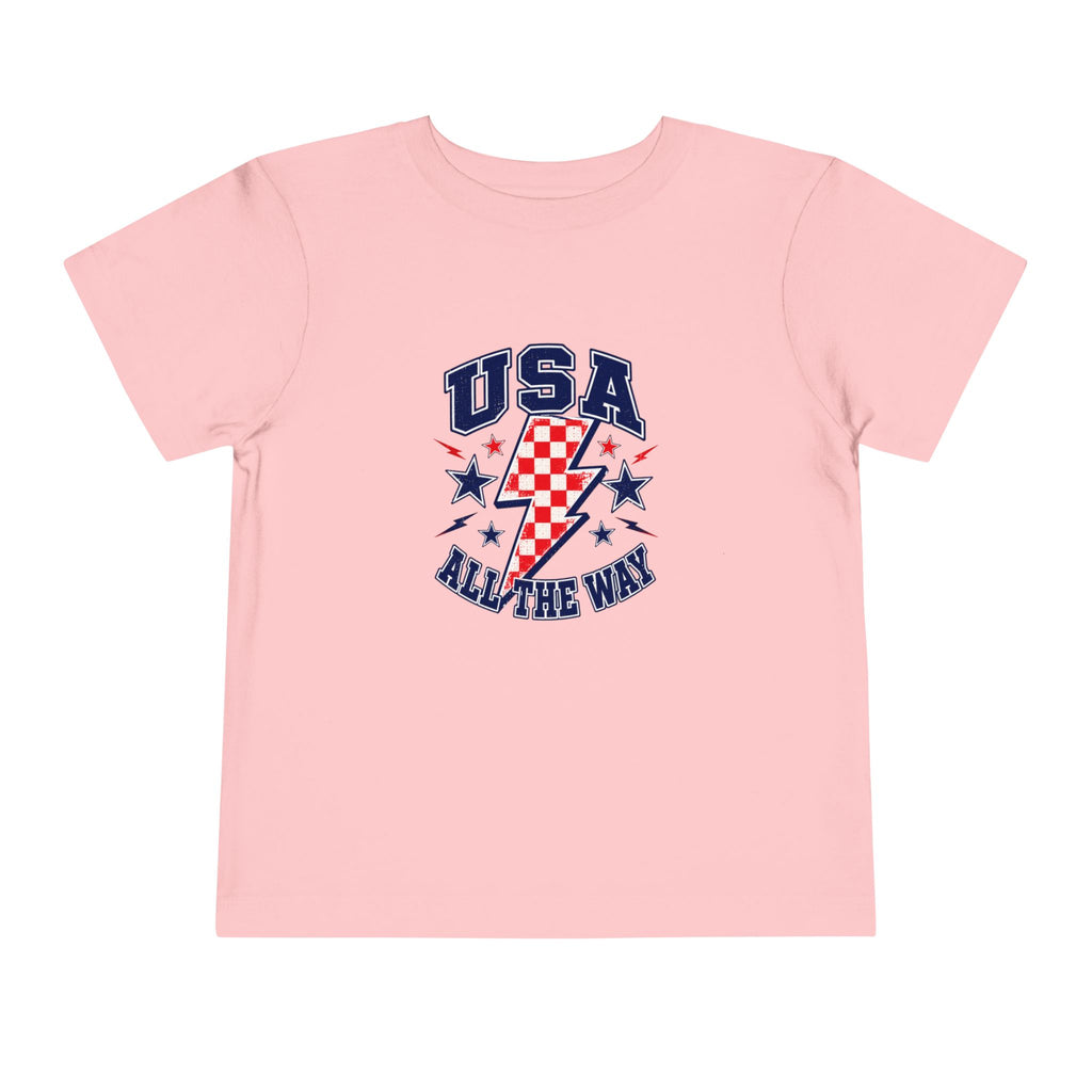 USA All The Way Tee, Patriotic Lightning Bolt Shirt, Red White Blue Star Graphic Top, Fourth of July Celebration Outfit Toddler Short Sleeve Tee
