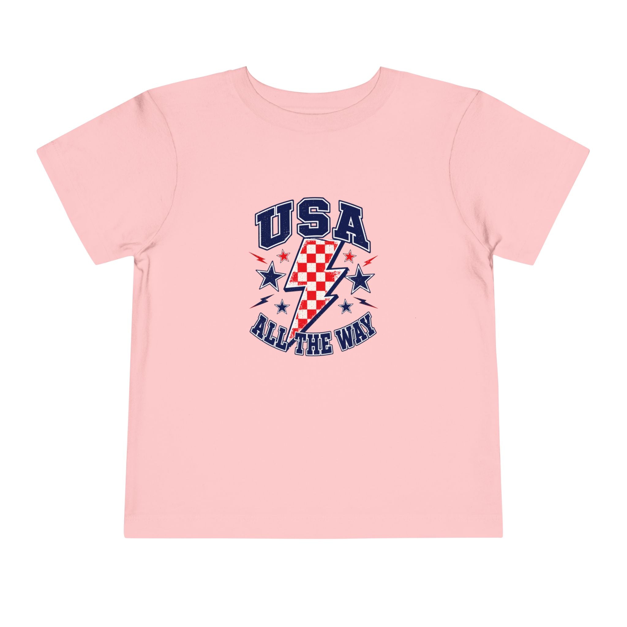 USA All The Way Tee, Patriotic Lightning Bolt Shirt, Red White Blue Star Graphic Top, Fourth of July Celebration Outfit Toddler Short Sleeve Tee