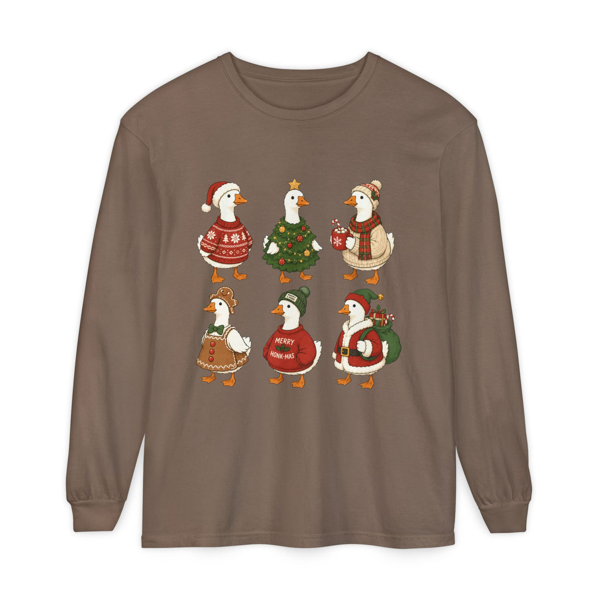 Cute Christmas Geese Holiday Ducks in Sweaters & Tree Long Sleeve T-shirt