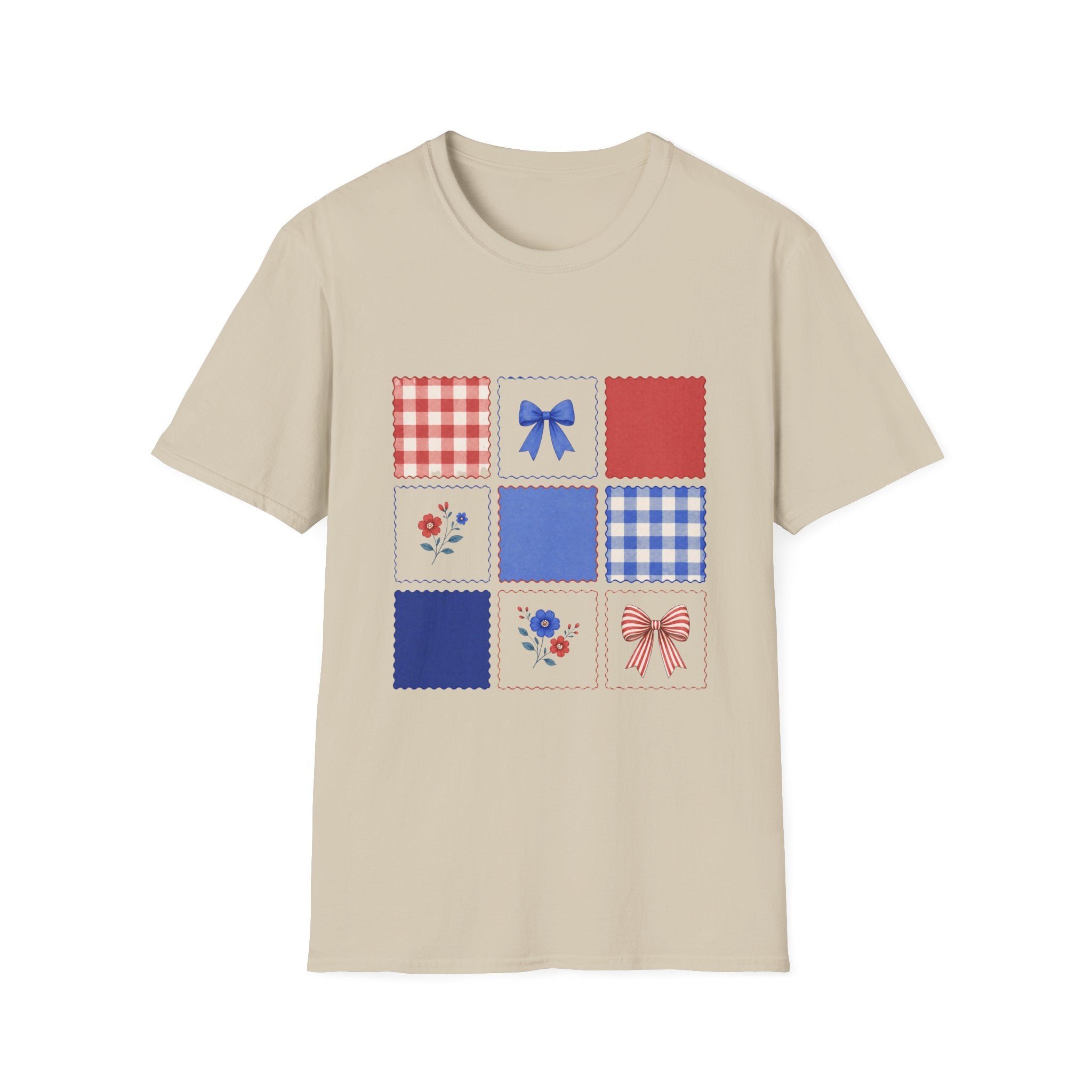 Patriotic Quilt Patch T-Shirt, Coquette Bow Gingham Nine Patch Tee, Cottagecore 4th of July Grid Shirt, Red Blue Floral Folk Quilt Square