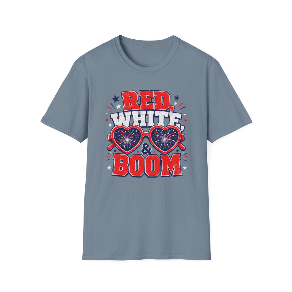 Red White Boom Sunglasses Shirt, Funny Patriotic Heart Glasses Firework Tee, 4th of July Pun Party T-Shirt, Retro Boom America Celebration Gift