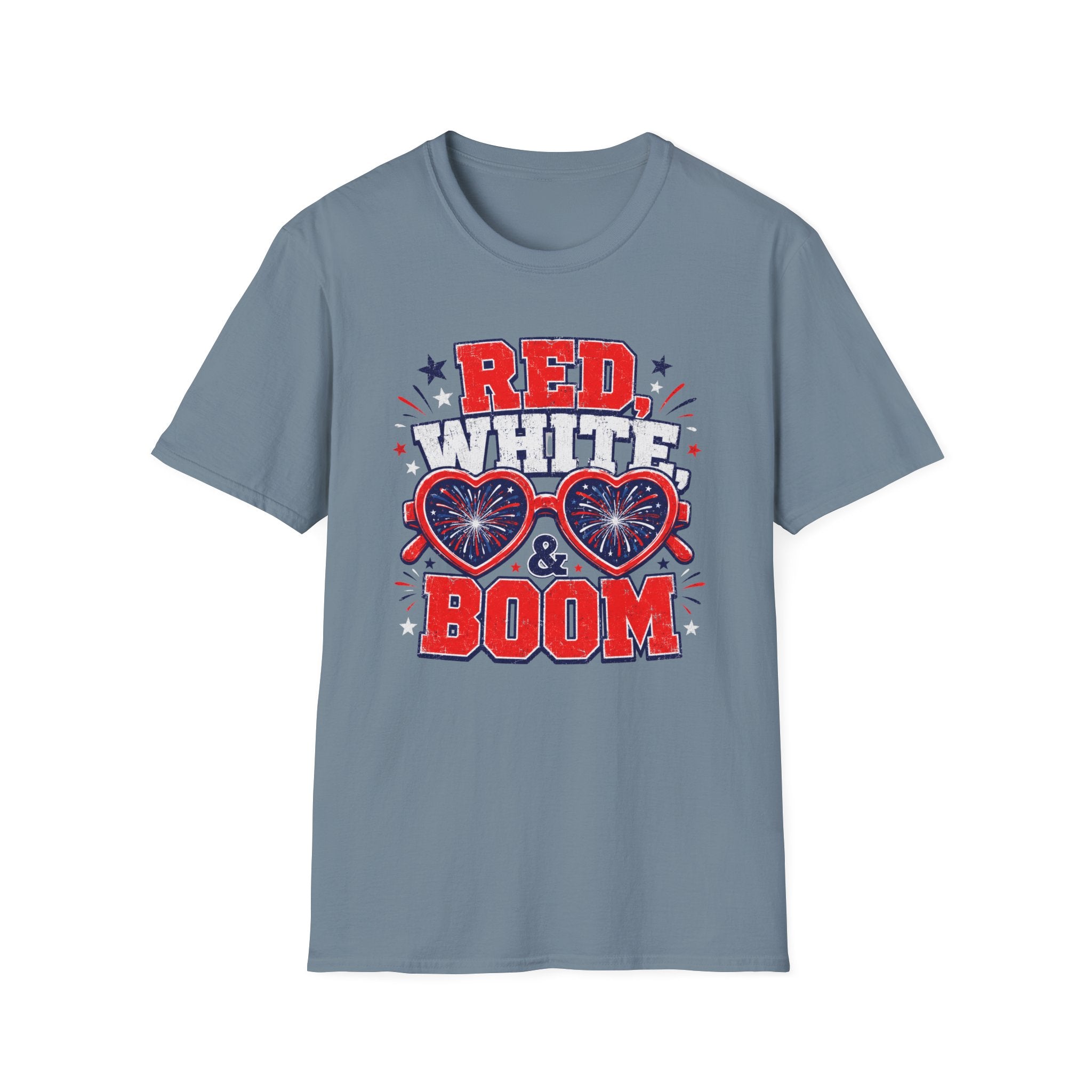 Red White Boom Sunglasses Shirt, Funny Patriotic Heart Glasses Firework Tee, 4th of July Pun Party T-Shirt, Retro Boom America Celebration Gift