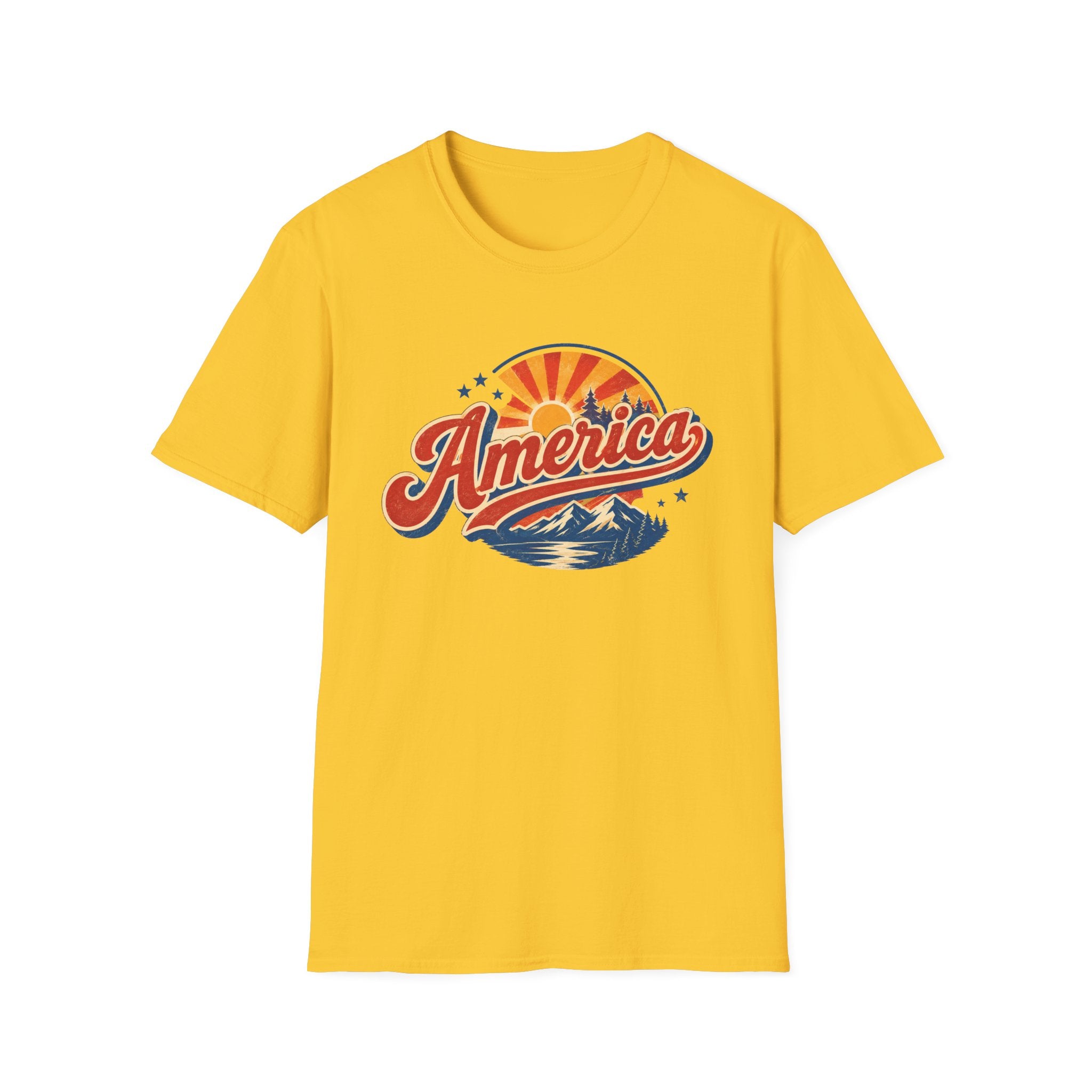 Retro America Shirt 4th of July Vintage Mountain Graphic Tee Sunset Landscape Fourth July Patriotic Stars Nature Lover