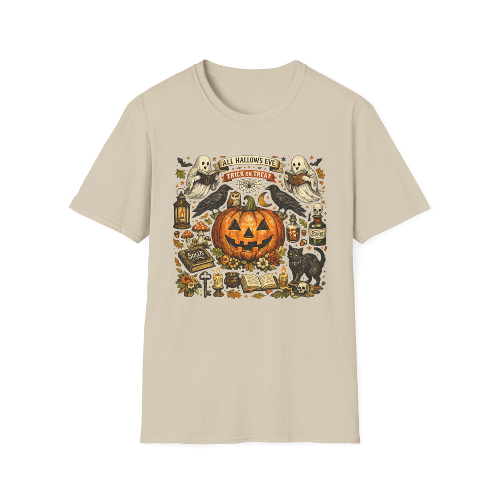 Halloween Pumpkin & Ghost Tee — "All Hallows Eve, Trick or Treat" Graphic T-Shirt