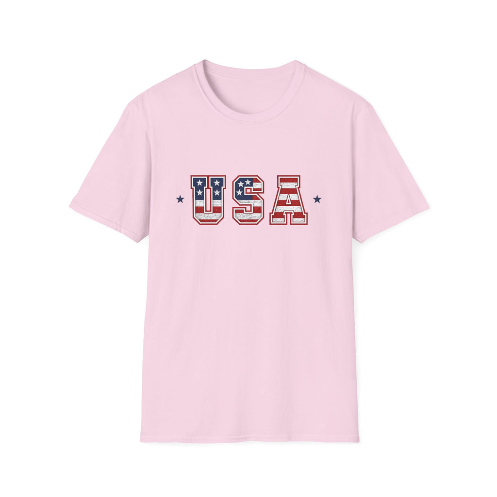 USA Varsity Lettering T-Shirt | Patriotic American Flag Block Graphic Tee, Fourth Of July Stars Stripes Top