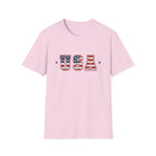 USA Varsity Lettering T-Shirt | Patriotic American Flag Block Graphic Tee, Fourth Of July Stars Stripes Top