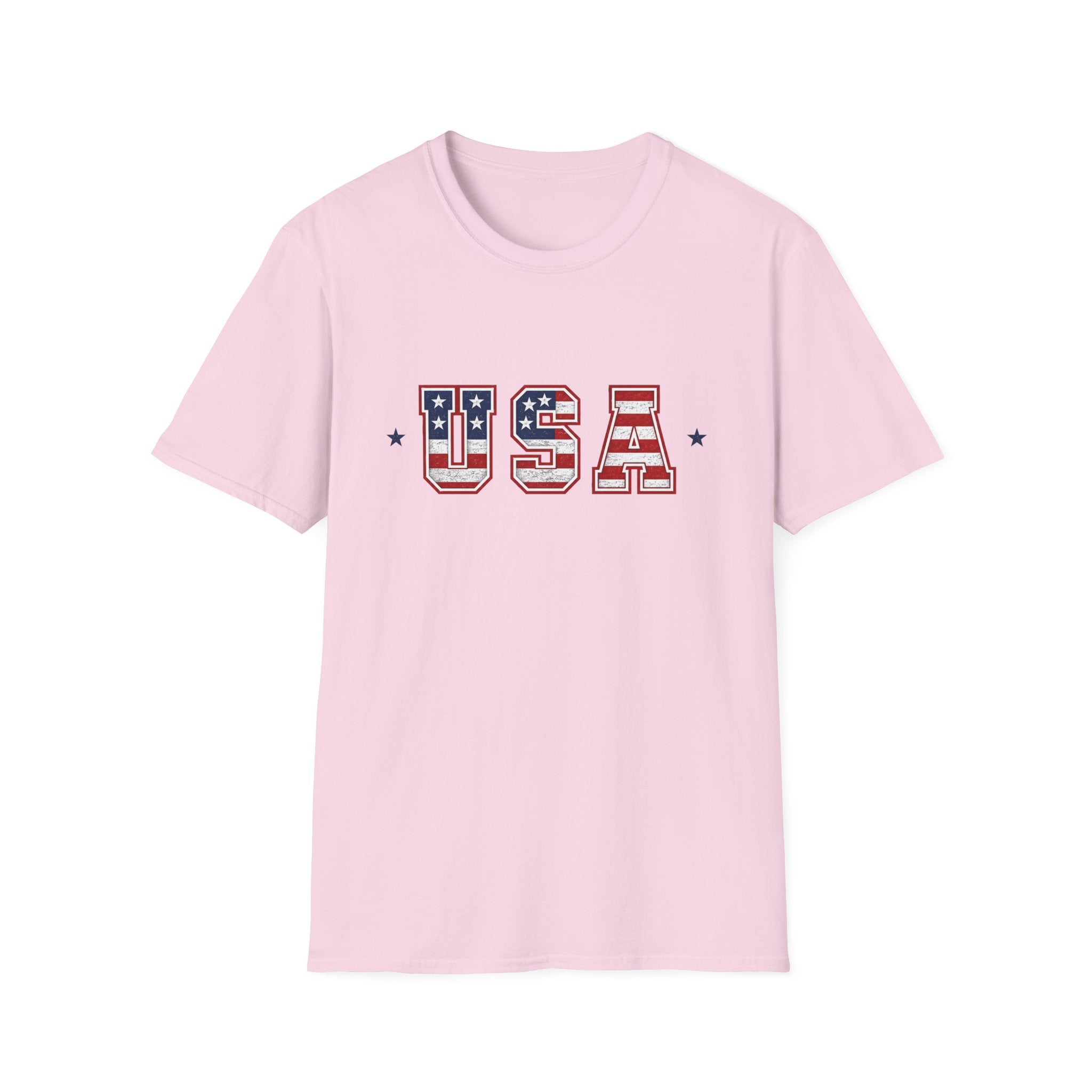 USA Varsity Lettering T-Shirt | Patriotic American Flag Block Graphic Tee, Fourth Of July Stars Stripes Top