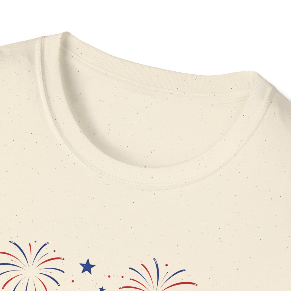Fourth of July Beach Scene T-Shirt, Patriotic Summer Ocean Surfboard Tee, 4th of July Beach Vacation Shirt, Fireworks Umbrella Surfboard America