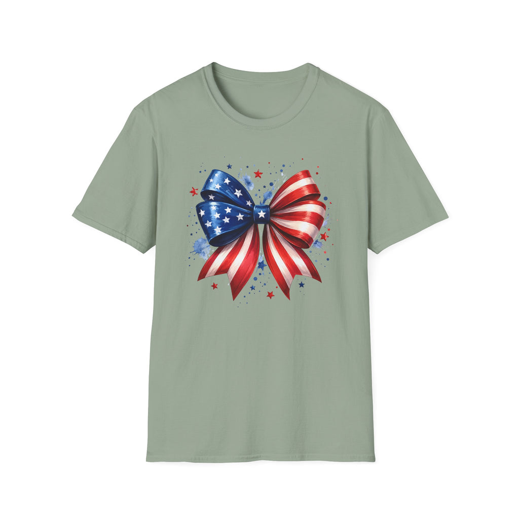 Watercolor American Flag Bow 4th of July Graphic Tee Stars Stripes - Patriotic Coquette T-Shirt