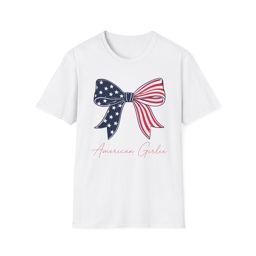 American Girlie Bow Shirt, Clean Split Flag Coquette Tee, Navy Stars Red Stripes Bow 4th of July Women Girls, Bold Graphic Patriotic Script Gift Independence Day
