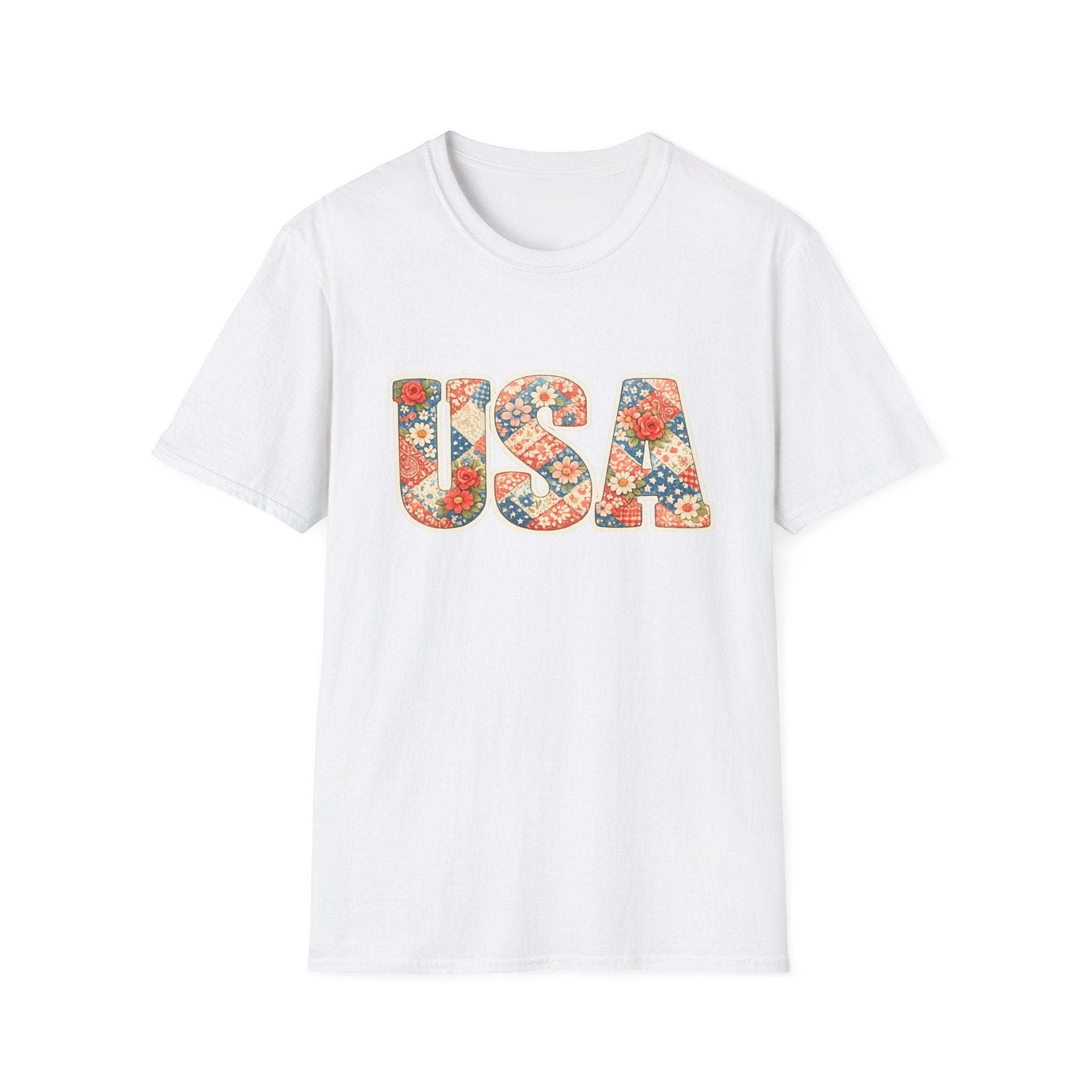 USA Floral Patchwork T-Shirt | Patriotic Block Lettering Graphic Tee, Fourth Of July Vintage Cottagecore Top