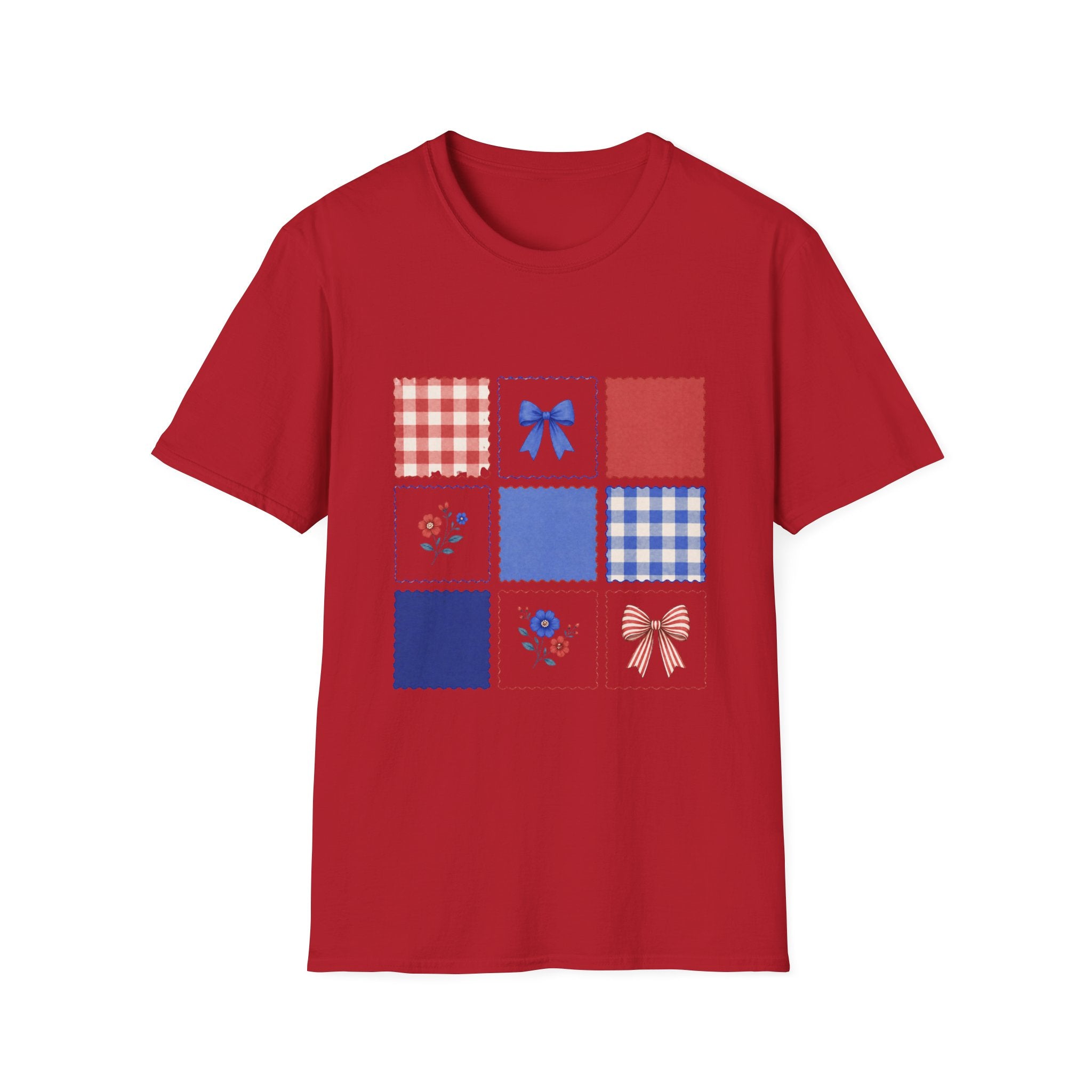 Patriotic Quilt Patch T-Shirt, Coquette Bow Gingham Nine Patch Tee, Cottagecore 4th of July Grid Shirt, Red Blue Floral Folk Quilt Square