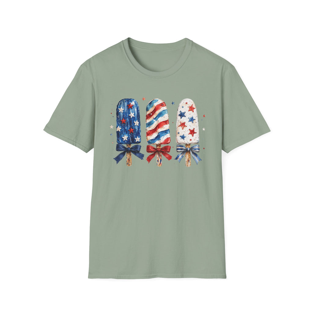 Patriotic Popsicle T-Shirt, Watercolor 4th of July Ice Cream Bow Tee, Cute Summer America Popsicle Shirt, Stars Stripes Coquette Bow Treat Gift Women