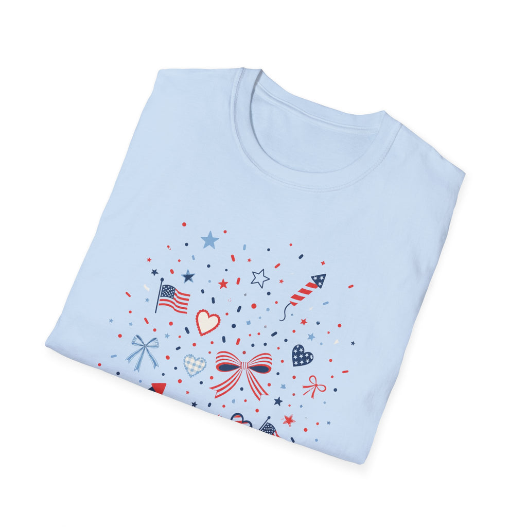 Patriotic Doodle Collage T-Shirt, Cute 4th of July Bow Heart Flag Confetti Tee, Whimsical Festive America Shirt, Coquette Patriotic Icon Scatter Gift