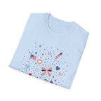 Patriotic Doodle Collage T-Shirt, Cute 4th of July Bow Heart Flag Confetti Tee, Whimsical Festive America Shirt, Coquette Patriotic Icon Scatter Gift